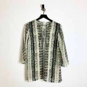 CAbi Beatnik Lace Up Sheer Tunic Top Half Sleeve Long Length Black Cream Snake